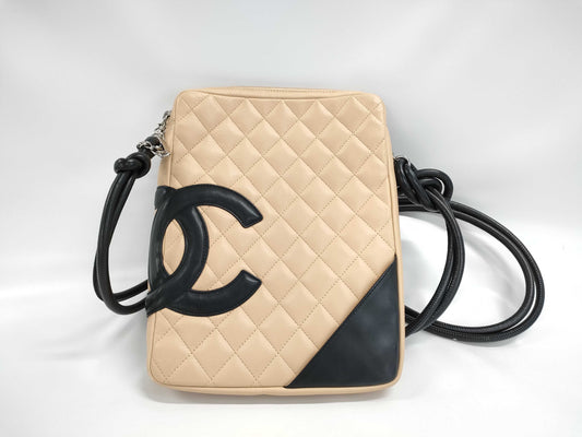 CHANEL Cambon Line Shoulder Bag, Leather, Beige/Black