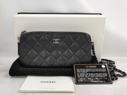 CHANEL Matelasse Chain Wallet Leather Black Shoulder Bag