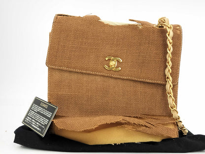 CHANEL Chain Shoulder Bag, Turn Lock, Linen, Brown, Shoulder Bag