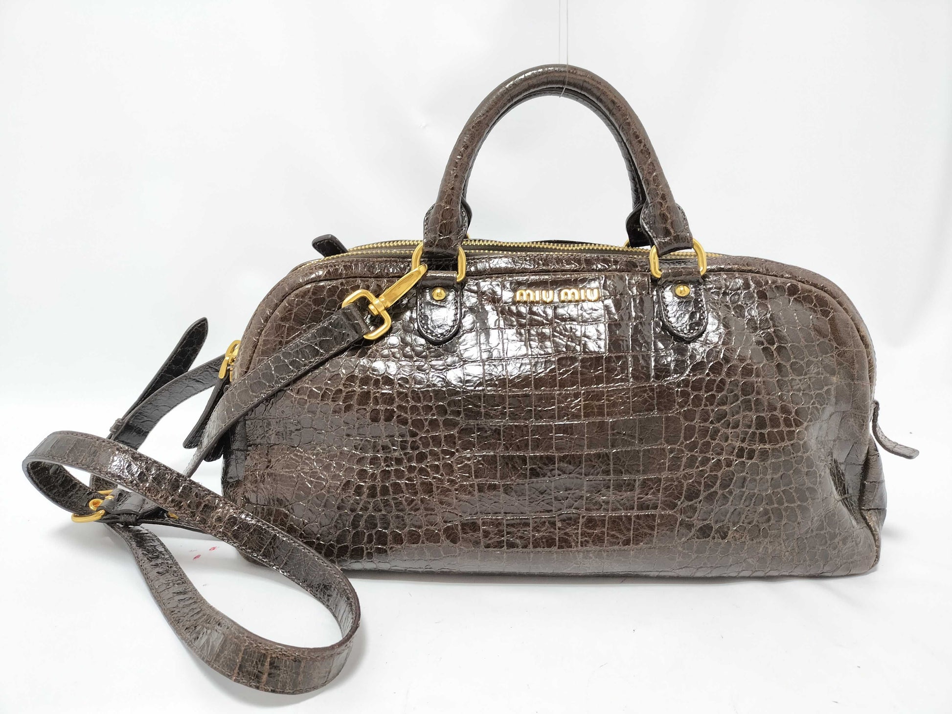 Miu Miu Miu Miu 2-Way Handbag with Long Strap, Crocodile Embossed, Brown