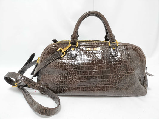 Miu Miu Miu Miu 2-Way Handbag with Long Strap, Crocodile Embossed, Brown
