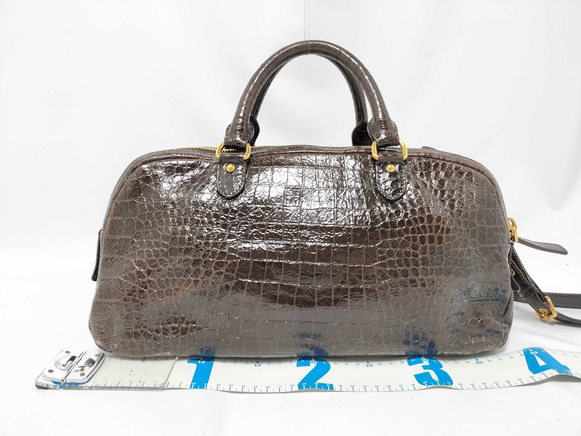 Miu Miu Miu Miu 2-Way Handbag with Long Strap, Crocodile Embossed, Brown