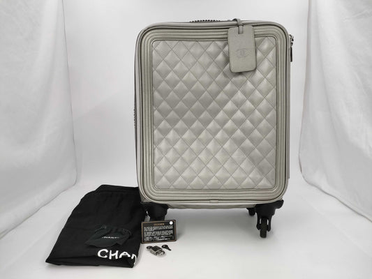CHANEL Matelasse Carry-on Bag, Caviar Leather, Silver with Gunmetallic Hardware, 22153926