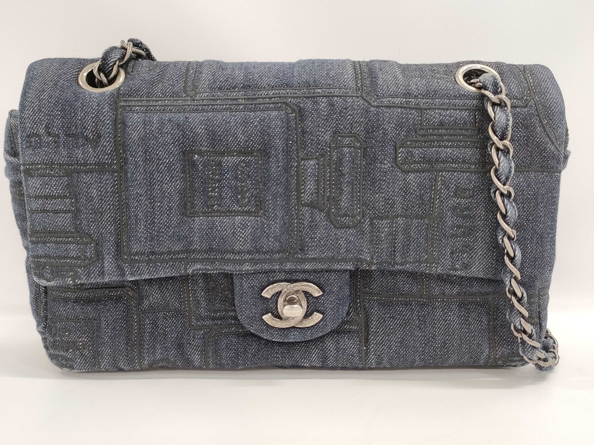 CHANEL Coco Perfume Denim Single Flap Double Chain Bag in Blue with Gunmetal Hardware, 22146518, No. 22 Shoulder Bag