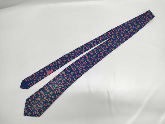 HERMES Cherry Pattern Blue Tie with Box
