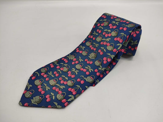 HERMES Cherry Pattern Blue Tie with Box