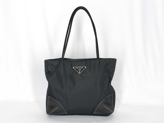 PRADA Nylon and Leather Tote Bag with Black Triangle Logo and White Tag 31