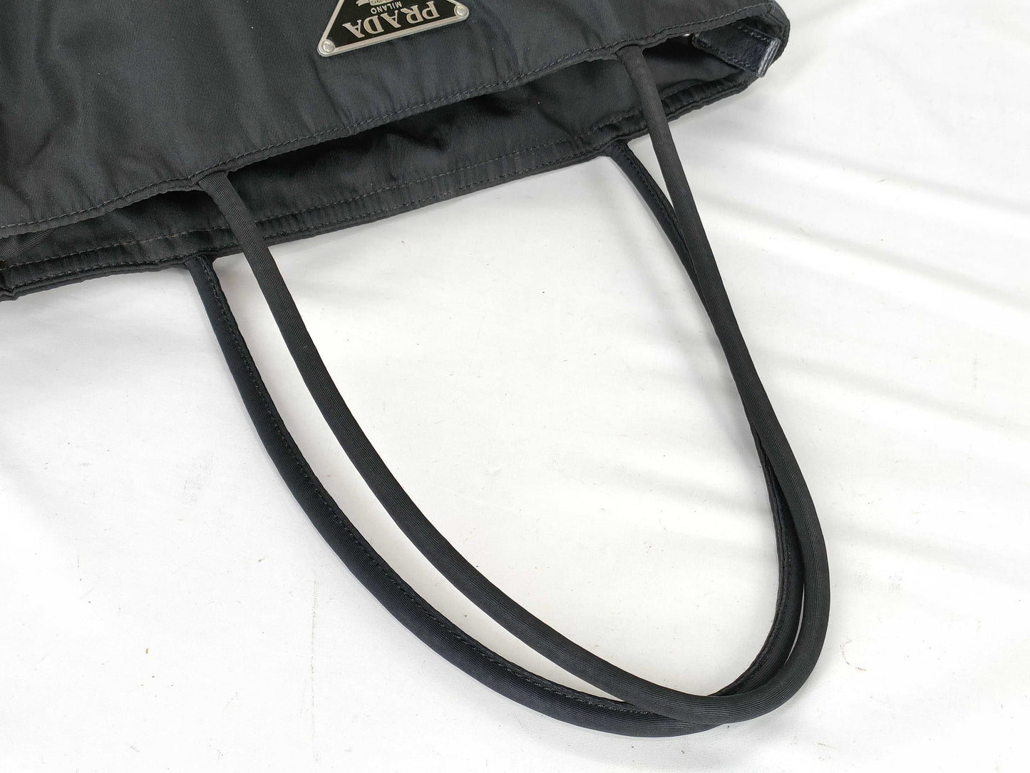 PRADA Nylon and Leather Tote Bag with Black Triangle Logo and White Tag 31