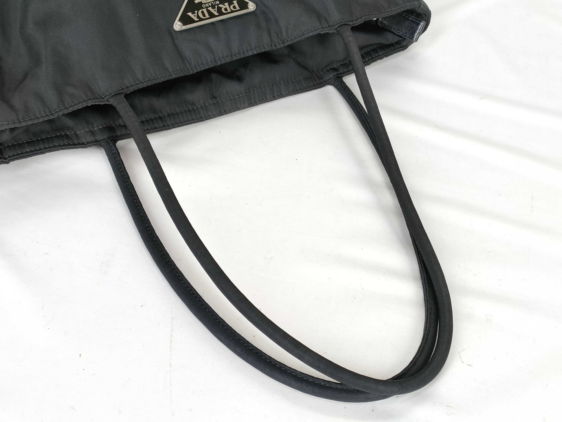 PRADA Nylon and Leather Tote Bag with Black Triangle Logo and White Tag 31