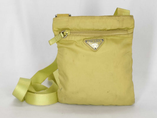 PRADA Nylon Shoulder Bag with No Gusset, Yellow, Triangle Logo Plate, White Tag Included