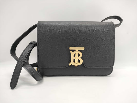 BURBERRY TB logo black leather shoulder bag
