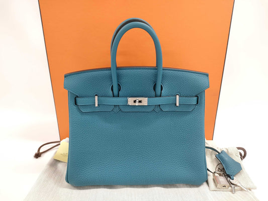 HERMES Birkin 25 Togo Blue Handbag with Silver Hardware and X Stamp