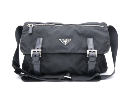 PRADA logo plate nylon and leather shoulder bag