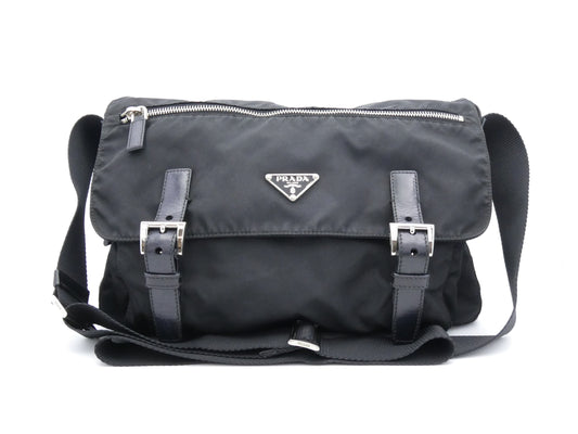 PRADA logo plate nylon and leather shoulder bag