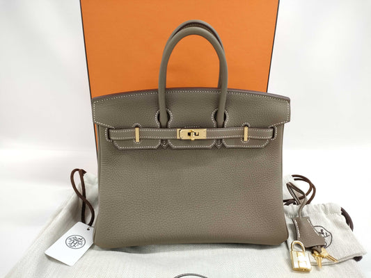 HERMES Birkin 25 Etoupe Gold Hardware Double Stamp Handbag