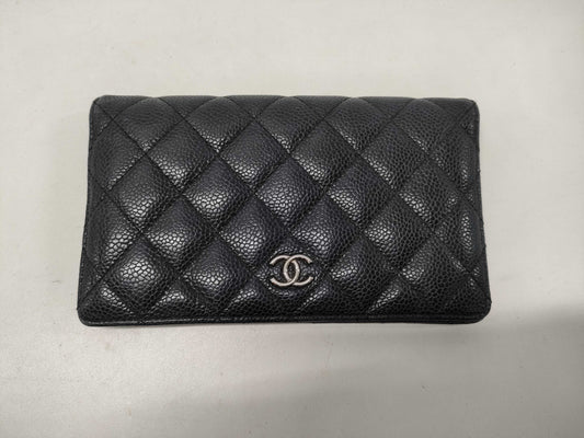 CHANEL Bi-fold Long Wallet, Caviar Leather, Silver Hardware, Black, 12 Series