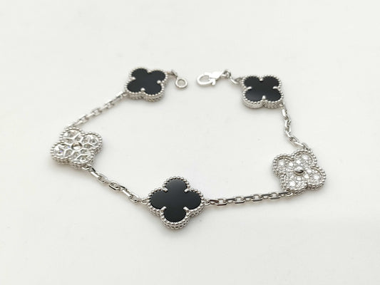 Van Cleef & Arpels Vintage Alhambra Onyx and Diamond Bracelet in WG Au750, 12.1g 