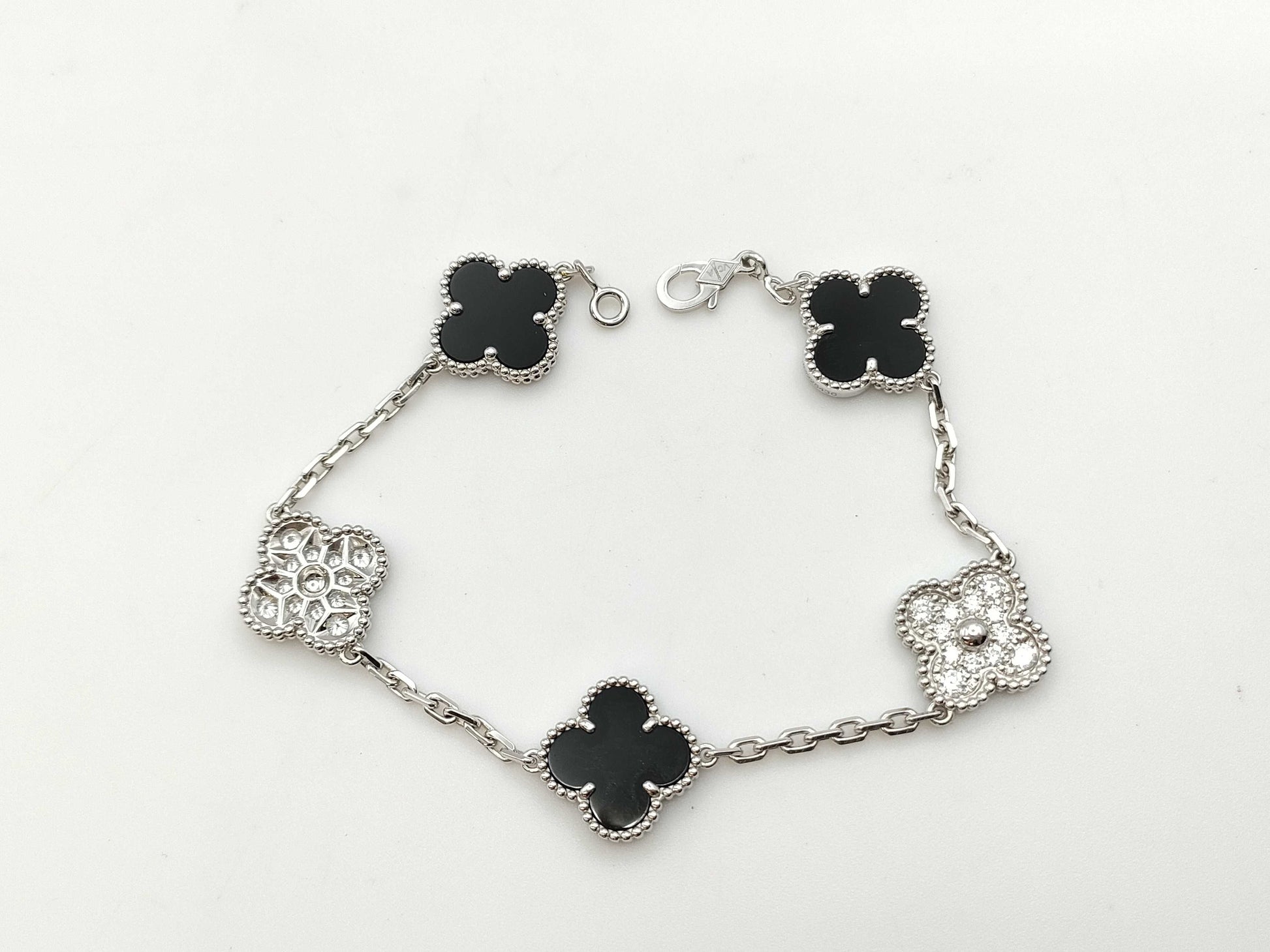 Van Cleef & Arpels Vintage Alhambra Onyx and Diamond Bracelet in WG Au750, 12.1g 
