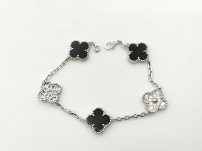 Van Cleef & Arpels Vintage Alhambra Onyx and Diamond Bracelet in WG Au750, 12.1g 