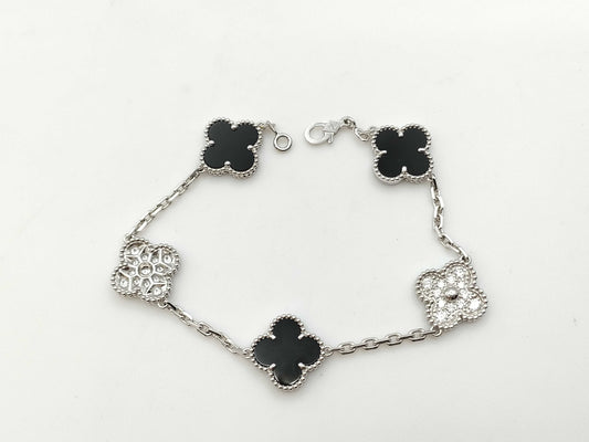 Van Cleef & Arpels Vintage Alhambra Onyx and Diamond Bracelet in WG Au750, 12.1g 