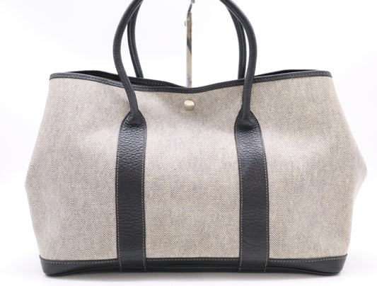 HERMES Garden Party 36 PM Black Silver Hardware F Stamp 2002 Toile H Leather Gray Handbag