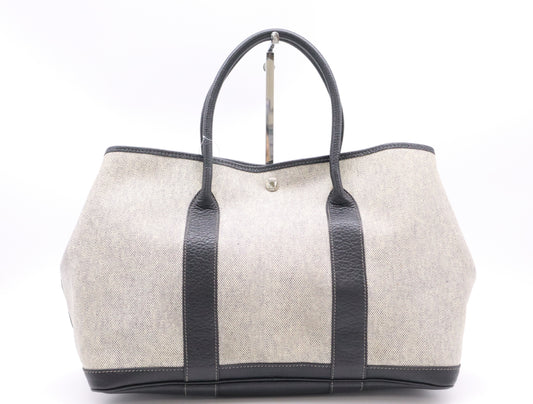 HERMES Garden Party 36 PM Black Silver Hardware F Stamp 2002 Toile H Leather Gray Handbag