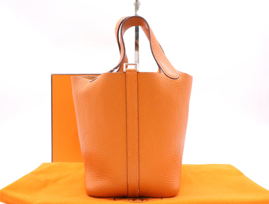 HERMES Picotin PM Orange Taurillon Clemence Leather Handbag with Box and Dust Bag