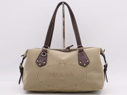 PRADA Canvas/Leather Logo Jacquard Bag Handbag