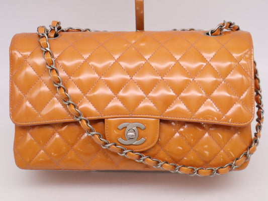 CHANEL Enamel Matelasse 26 Double Flap Double Chain Shoulder Bag with Sterling Silver Hardware and Orange Seal 6662396