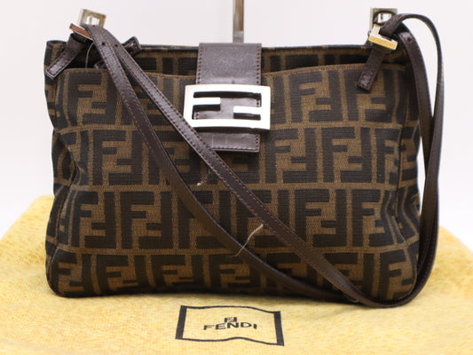 FENDI nylon canvas shoulder bag with Zucca SV hardware, dark brown, comes with dust bag