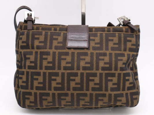 FENDI nylon canvas shoulder bag with Zucca SV hardware, dark brown, comes with dust bag