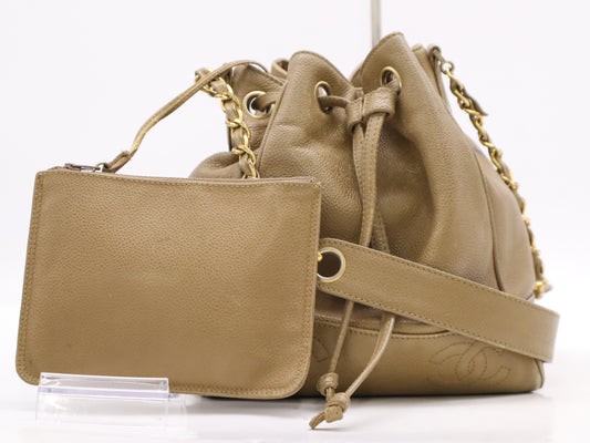 CHANEL Caviar Skin Coco Mark Drawstring Shoulder Bag with S Chain, GD Hardware, Beige, Pouch Included, Unclear Seal