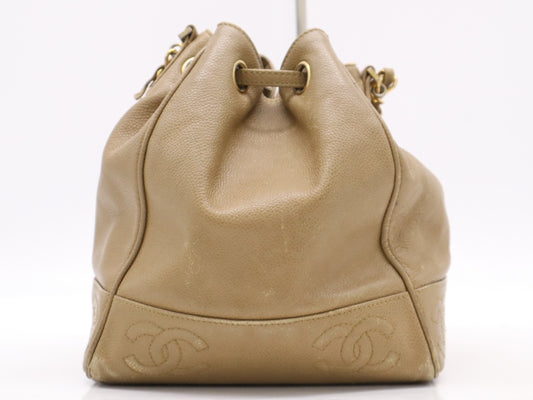 CHANEL Caviar Skin Coco Mark Drawstring Shoulder Bag with S Chain, GD Hardware, Beige, Pouch Included, Unclear Seal