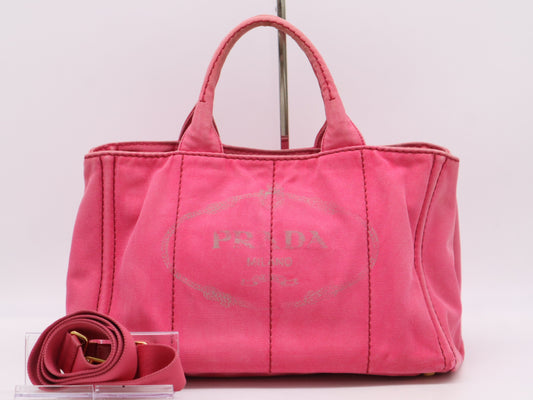 PRADA Canvas Canapa Tote #M Handbag, 2-Way, Fuchsia, with Shoulder Strap