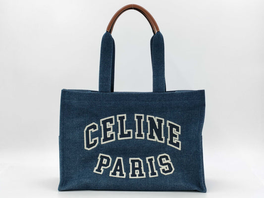 CELINE Denim Large Cabas Tote Bag with Logo Embroidery and Leather in Blue