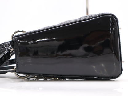 Dior Enamel Lady Dior Medium Cannage Handbag in Black with Silver Hardware, Two Straps, Dust Bag, and Card