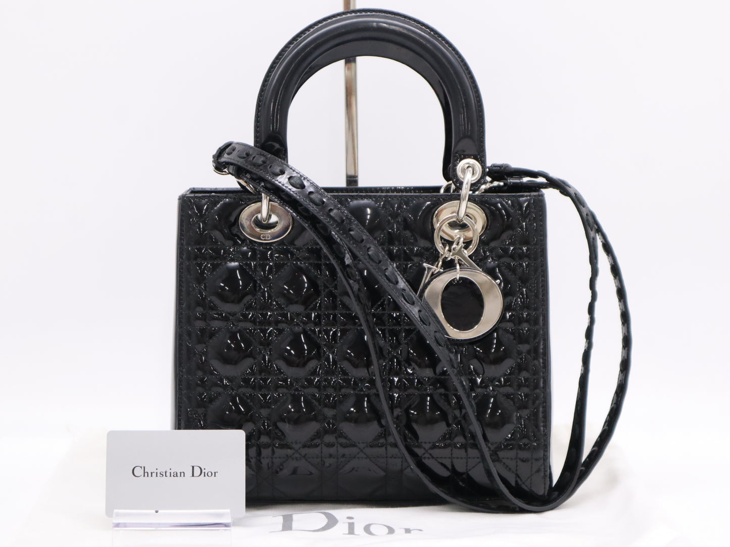 Dior Enamel Lady Dior Medium Cannage Handbag in Black with Silver Hardware, Two Straps, Dust Bag, and Card