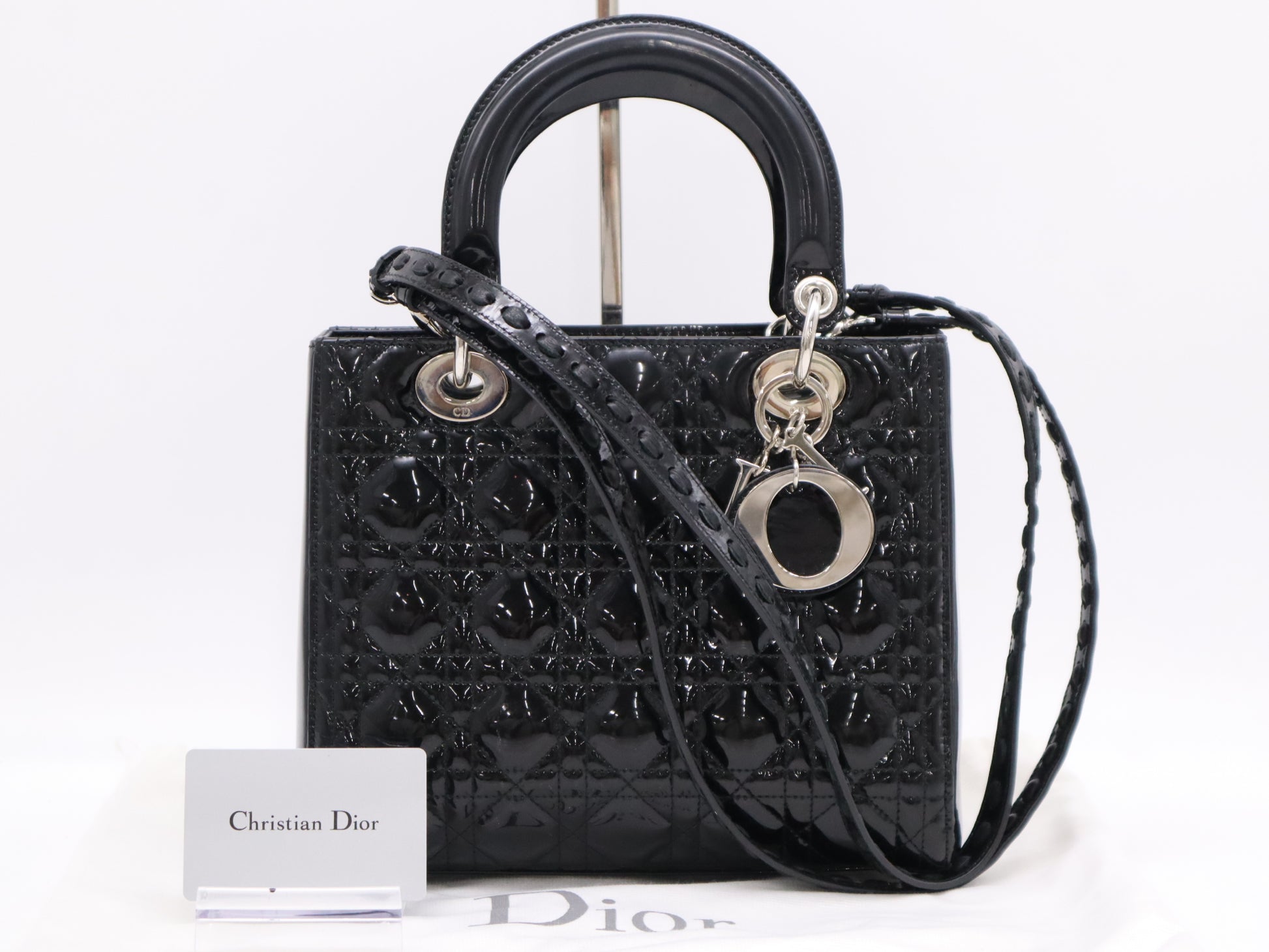 Dior Enamel Lady Dior Medium Cannage Handbag in Black with Silver Hardware, Two Straps, Dust Bag, and Card
