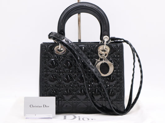 Dior Enamel Lady Dior Medium Cannage Handbag in Black with Silver Hardware, Two Straps, Dust Bag, and Card