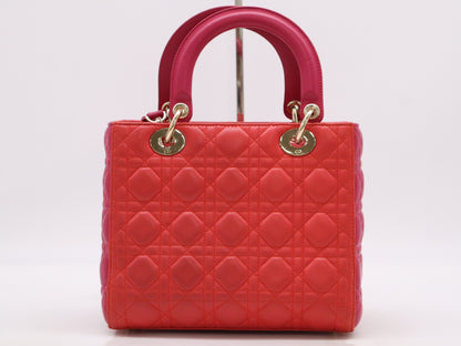 Dior Leather Lady Dior Medium Cannage Handbag with GD Hardware, Red and Pink, Shoulder Strap