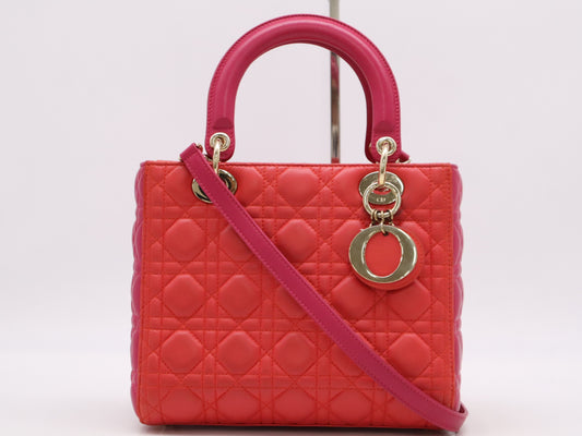 Dior Leather Lady Dior Medium Cannage Handbag with GD Hardware, Red and Pink, Shoulder Strap