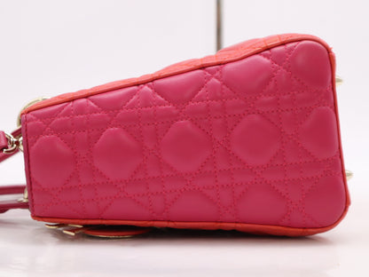 Dior Leather Lady Dior Medium Cannage Handbag with GD Hardware, Red and Pink, Shoulder Strap