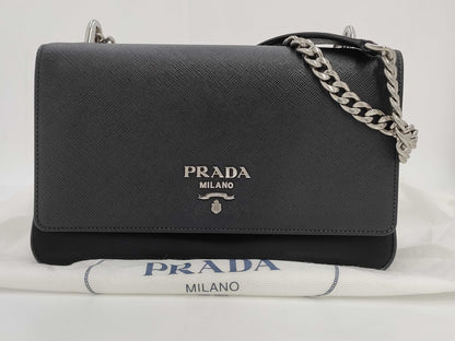 PRADA 1BD009 Nylon and Leather Chain Shoulder Bag, Black