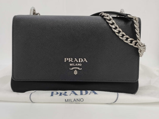 PRADA 1BD009 Nylon and Leather Chain Shoulder Bag, Black