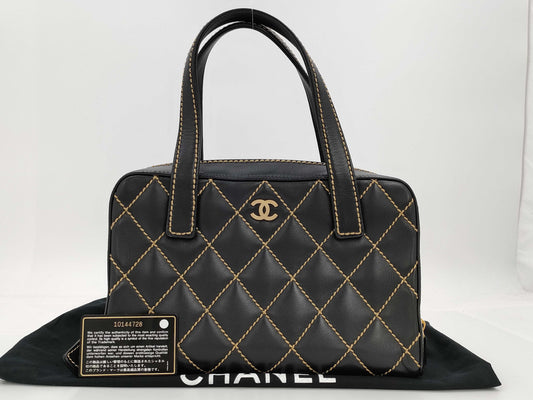 CHANEL Lambskin Bowling Bag with Wild Stitching, Black GD Hardware, Seal, Card, Guarantee, Pouch, and Dust Bag 