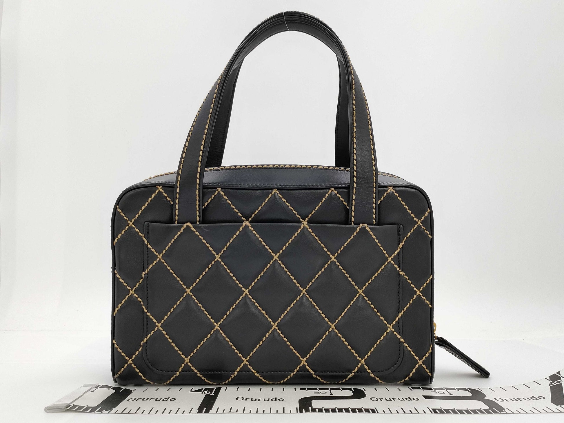 CHANEL Lambskin Bowling Bag with Wild Stitching, Black GD Hardware, Seal, Card, Guarantee, Pouch, and Dust Bag 