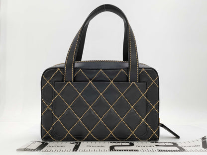 CHANEL Lambskin Bowling Bag with Wild Stitching, Black GD Hardware, Seal, Card, Guarantee, Pouch, and Dust Bag 