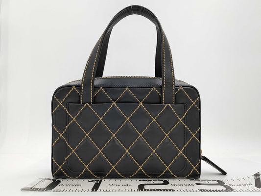 CHANEL Lambskin Bowling Bag with Wild Stitching, Black GD Hardware, Seal, Card, Guarantee, Pouch, and Dust Bag 