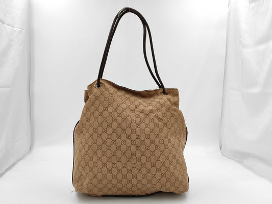 GUCCI 101340GG Canvas Tote Bag with Loop Handle, Canvas and Leather, Brown