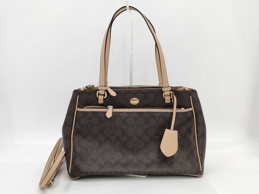 COACH Signature F32838 Signature 2-Way Tote Bag, PVC/Leather? Brown, with Strap, Handbag